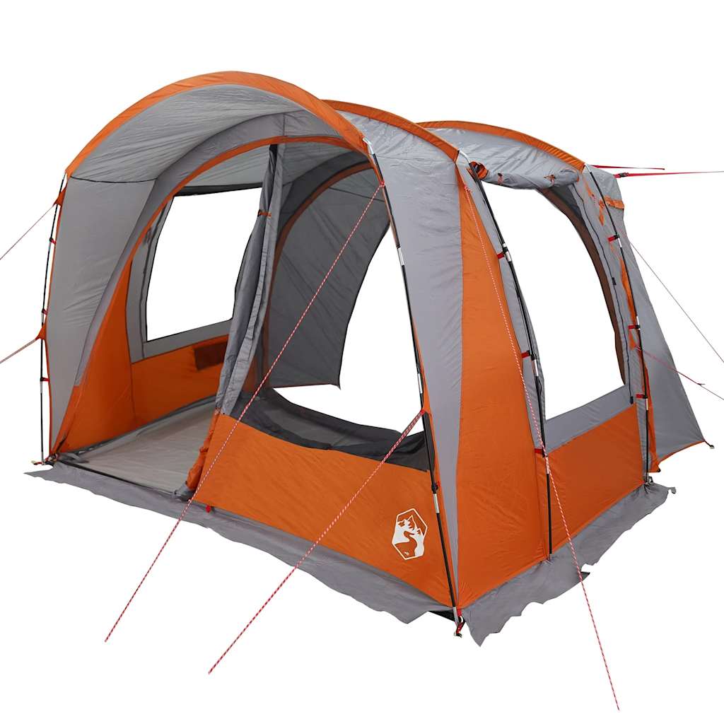 Detail van de grijs-oranje vidaXL autotent met openingen voor ventilatie en toegang.