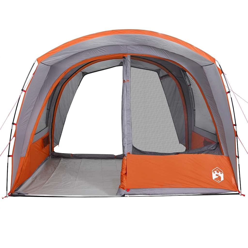 Detail van de vidaXL autotent in grijs en oranje met open ingang en zijwand.