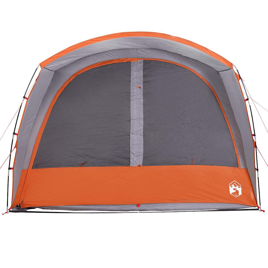 Detail van de grijs-oranje vidaXL autotent met grote voorzijde en ventilatieroosters.
