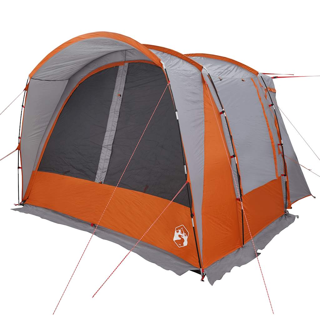 Detail van de vidaXL autotent in grijs en oranje, met stevige stokken en gaasramen.