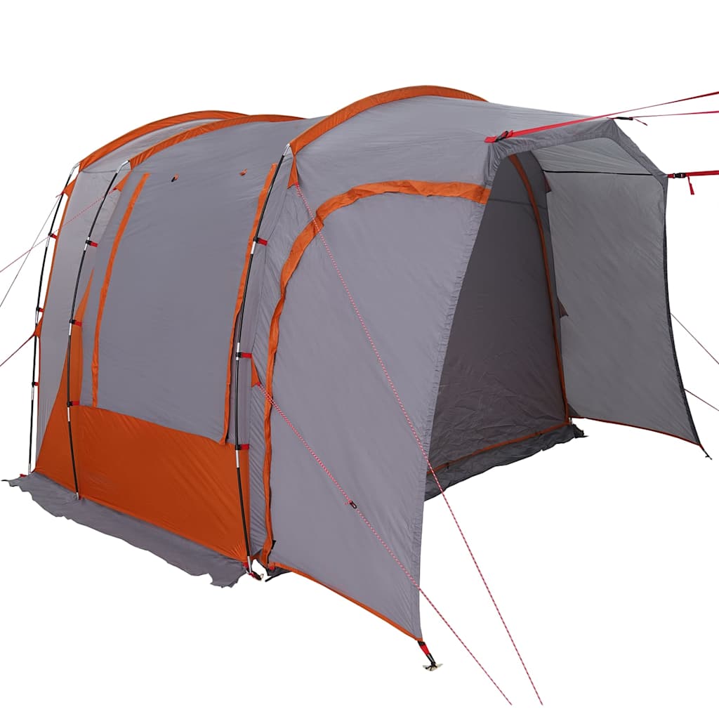 Detail van de vidaXL autotent met grijze en oranje kleur, zijaanzicht van de ingang.