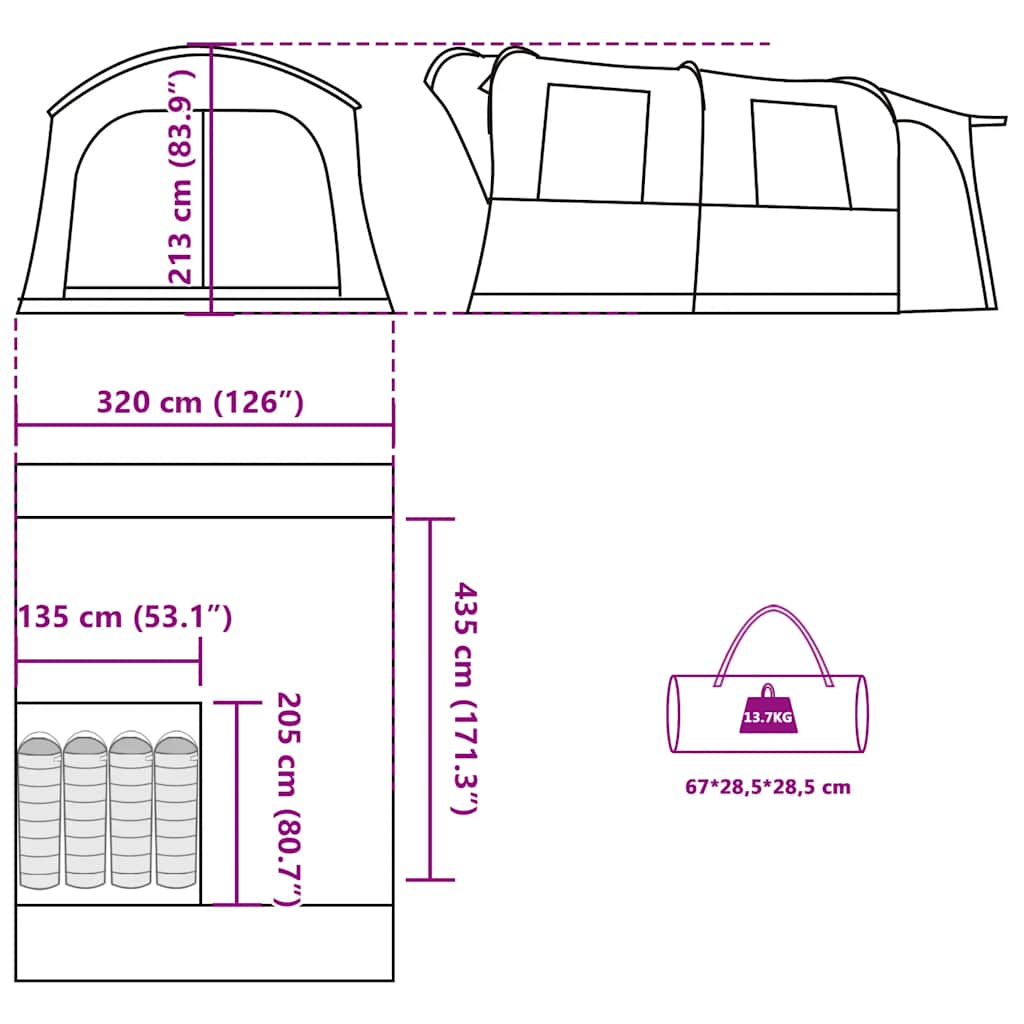 Detailtekening van de vidaXL 4-persoons autotent met afmetingen en draagtas.