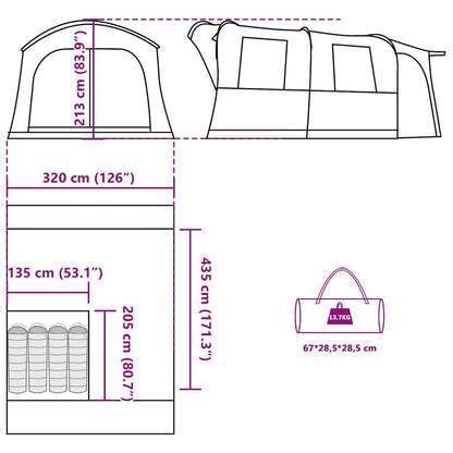 Detailtekening van de vidaXL 4-persoons autotent met afmetingen en draagtas.