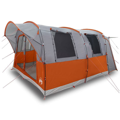Detail van de vidaXL 4-persoons autotent in grijs en oranje, met openingen en bevestigingspunten.