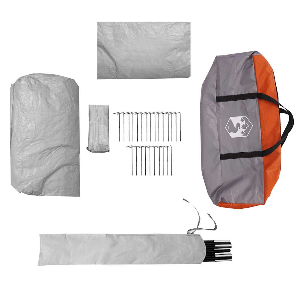 Detail van de grijze en oranje vidaXL autotent met accessoires en draagtas.