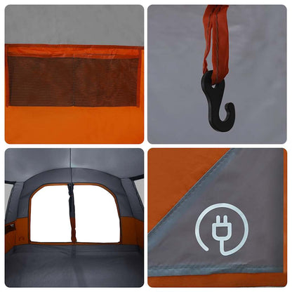 Detail van de grijze en oranje autotent met ventilatierooster en haak voor verlichting.