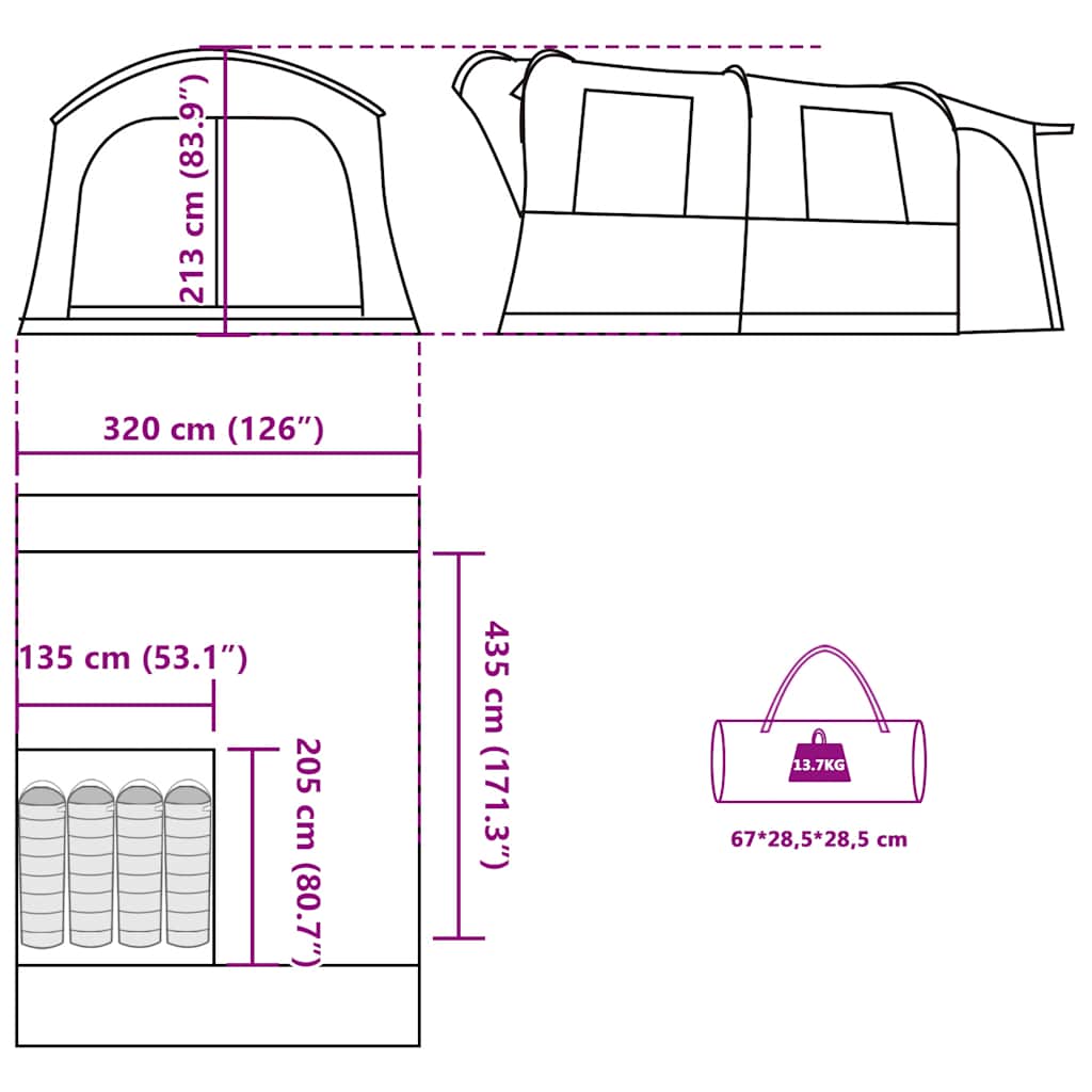 Detail van de afmetingen en draagtas van de vidaXL 4-persoons autotent in grijs en oranje.