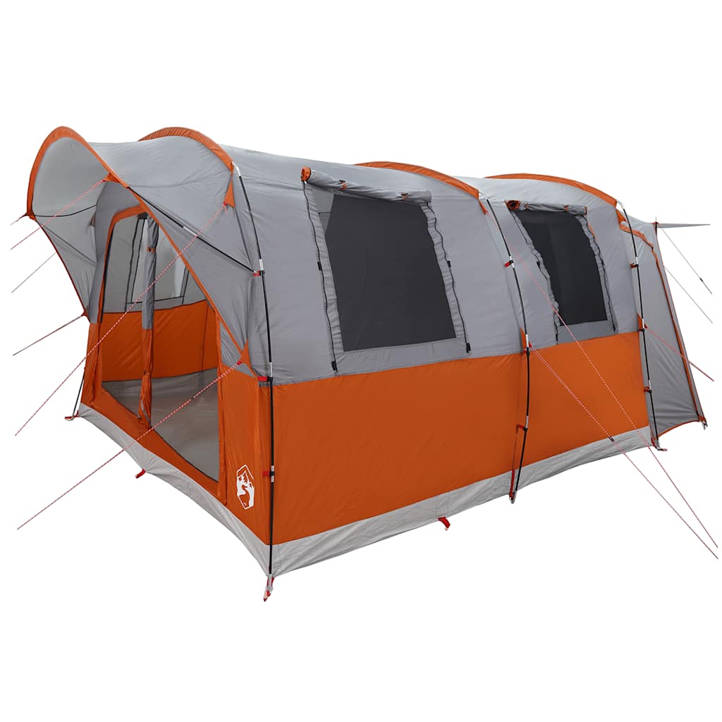 Detail van de vidaXL 4-persoons autotent in grijs en oranje, met open zijwanden en ventilatieroosters.