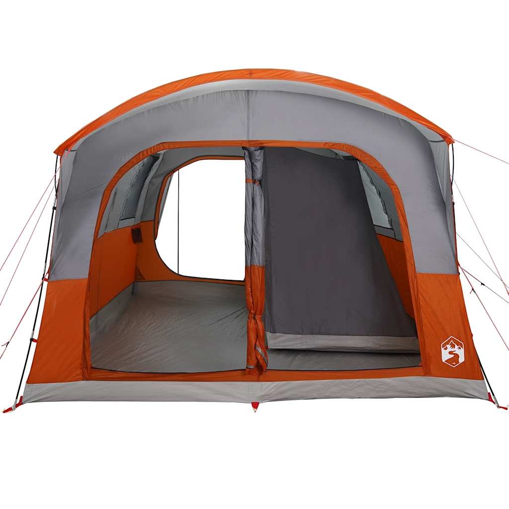 Detail van de vidaXL 4-persoons autotent in grijs en oranje, met open ingangen.