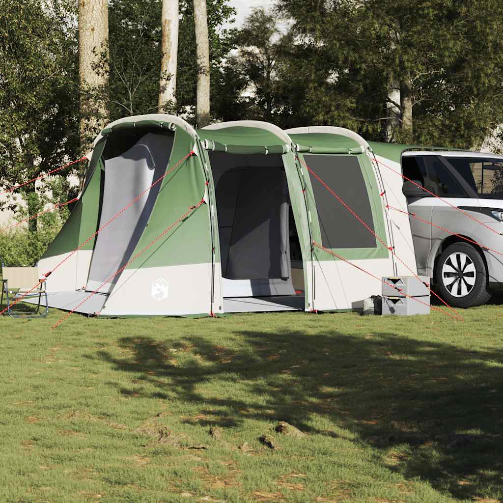 Detail van de vidaXL autotent in groen, bevestigd aan een voertuig met stevige stokken.