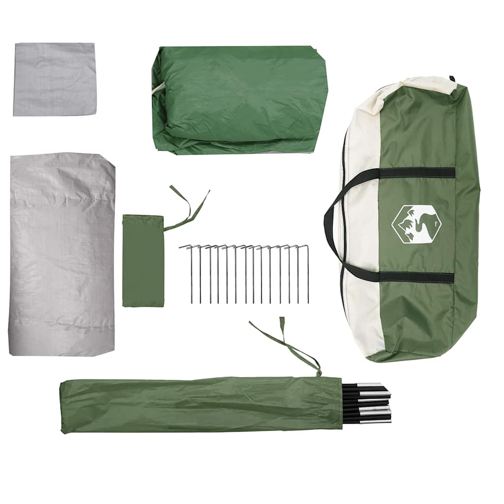 Detail van de vidaXL autotent met stokken, haringen en opbergzak in groen en grijs.