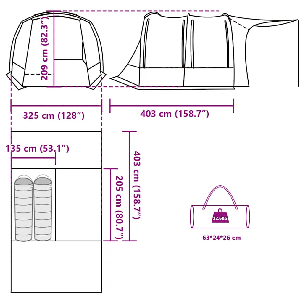 Detailtekening van de vidaXL autotent met afmetingen en opbergmogelijkheden.