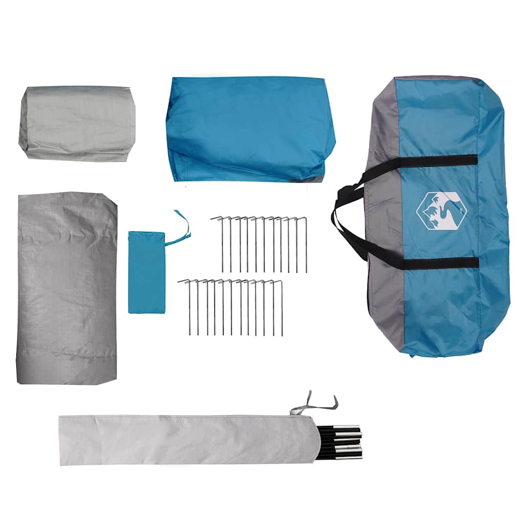 Blauwe vidaXL autotent met accessoires en bevestigingsmaterialen, overzicht van onderdelen.