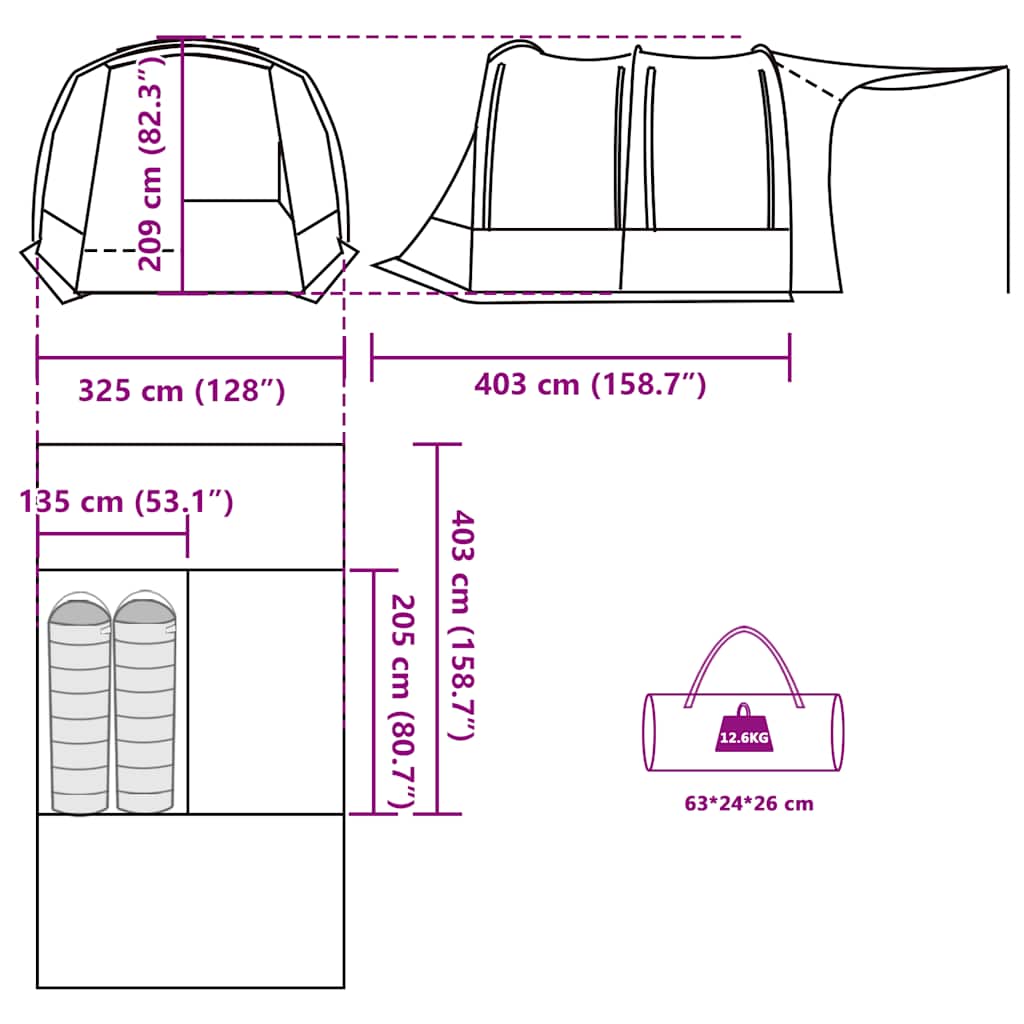 Technische tekening van de vidaXL autotent, met afmetingen en opstelling weergegeven.