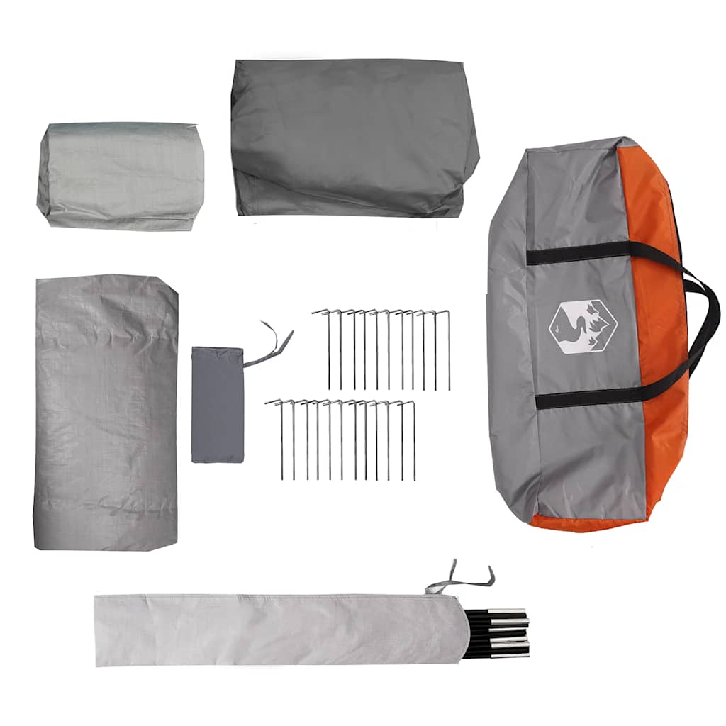 Detail van de vidaXL autotent met grijze en oranje opbergtas en accessoires.