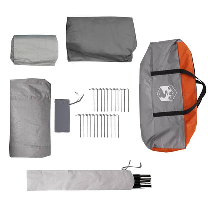 Detail van de vidaXL autotent met grijze en oranje opbergtas en accessoires.