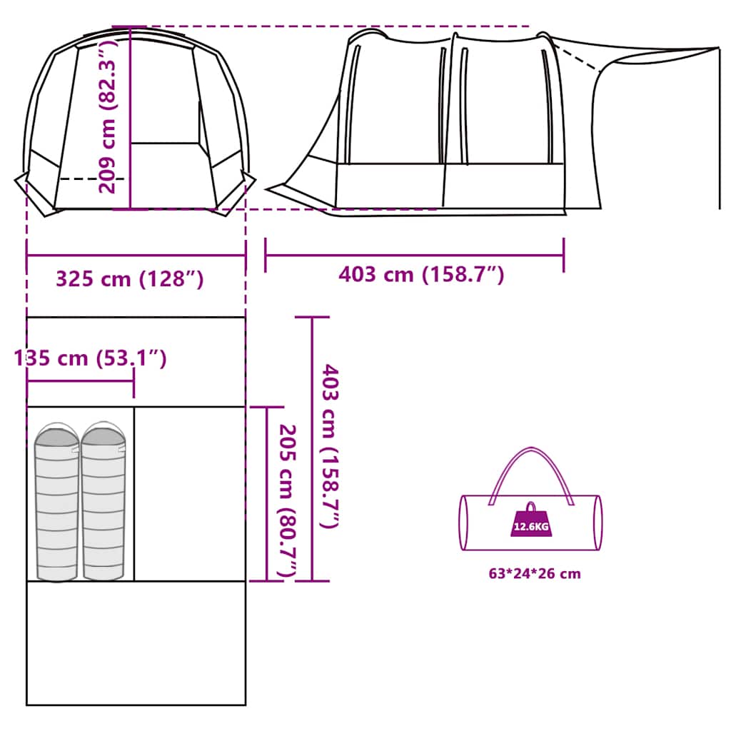 Detail van de afmetingen en ontwerp van de vidaXL waterdichte autotent in grijs en oranje.