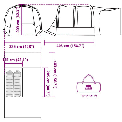 Detail van de afmetingen en ontwerp van de vidaXL waterdichte autotent in grijs en oranje.