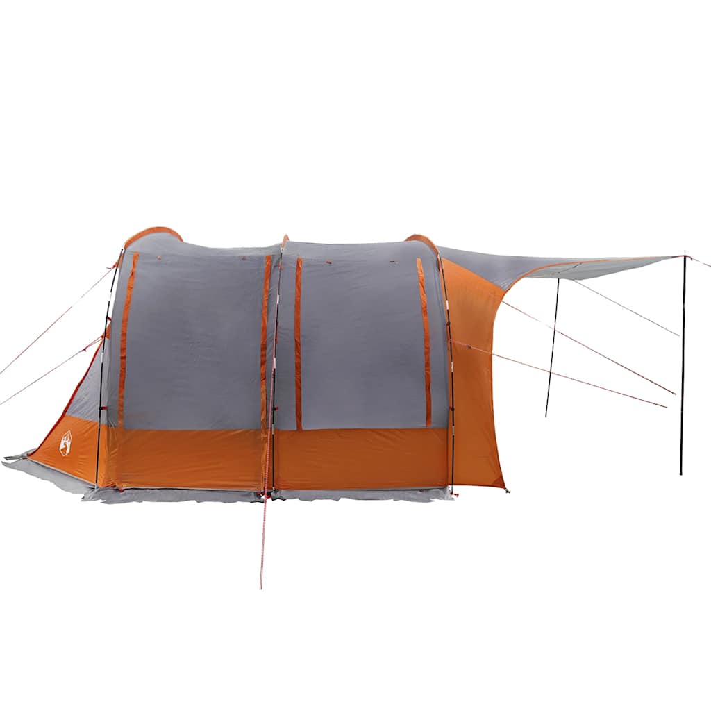 Detail van de vidaXL autotent in grijs en oranje, met een zijaanzicht en opgezette luifel.