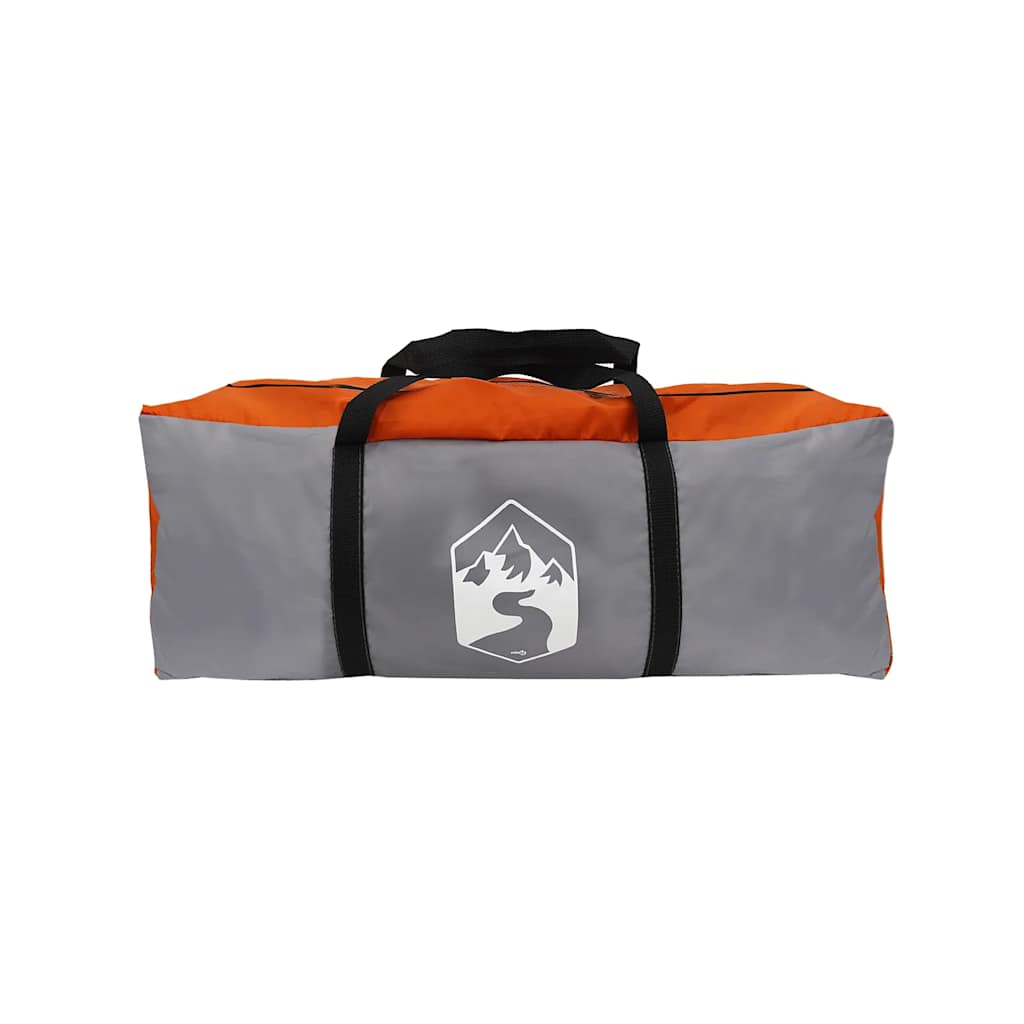 Grijze en oranje vidaXL autotent, ingepakt in een stevige tas met handvat.