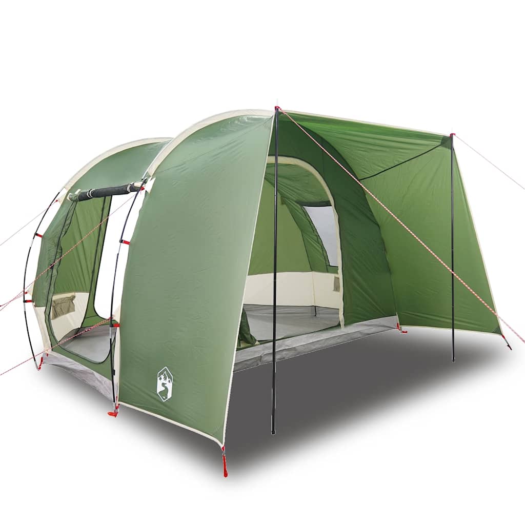 Zijaanzicht van de vidaXL 2-persoons autotent in waterdicht groen, met open ingang.