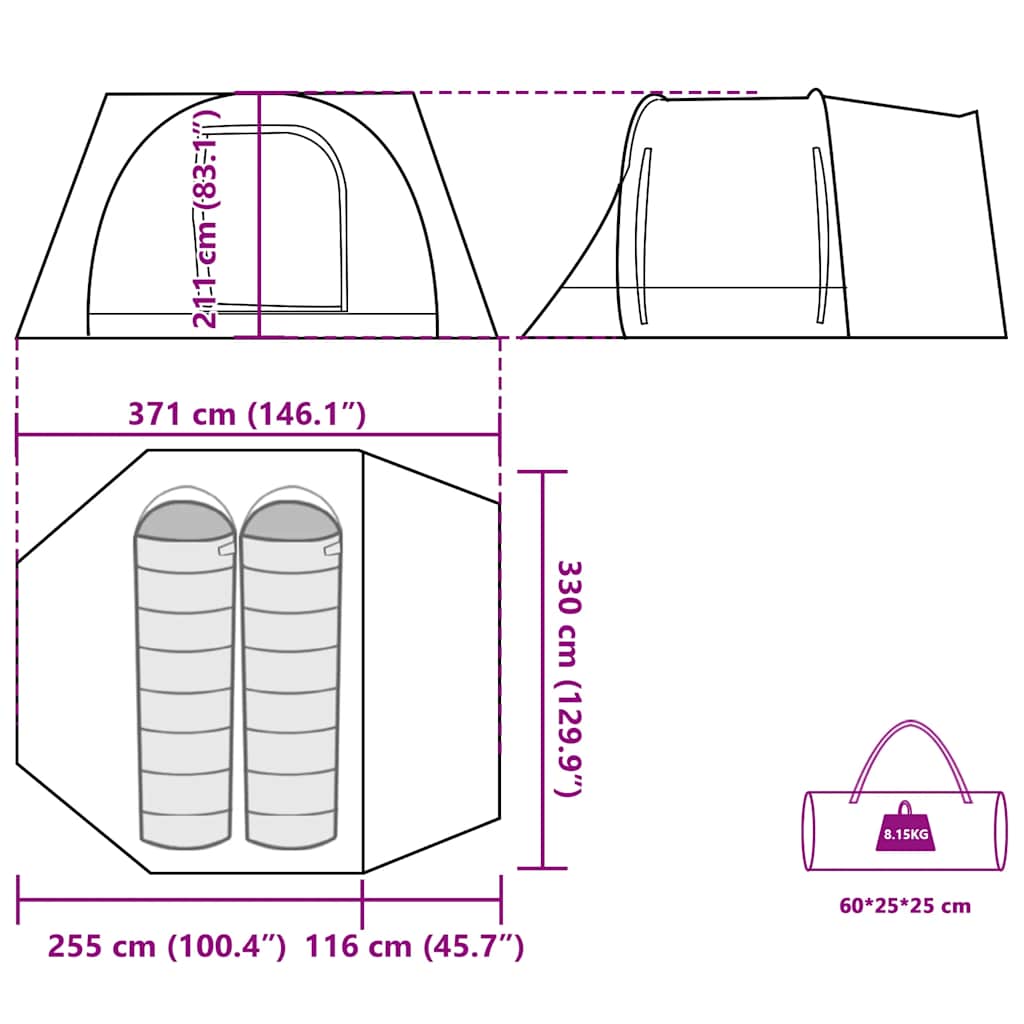 Technische tekening van de vidaXL 2-persoons autotent met afmetingen en indeling.