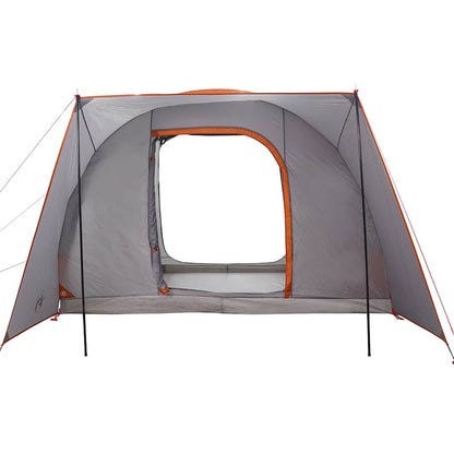 Detail van de grijze vidaXL autotent met oranje accenten en grote ingang.