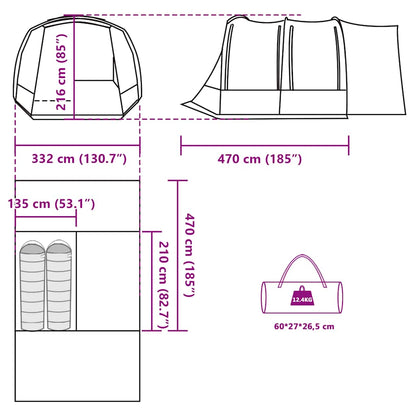 Technische tekening van de vidaXL 2-persoons autotent met afmetingen en details.