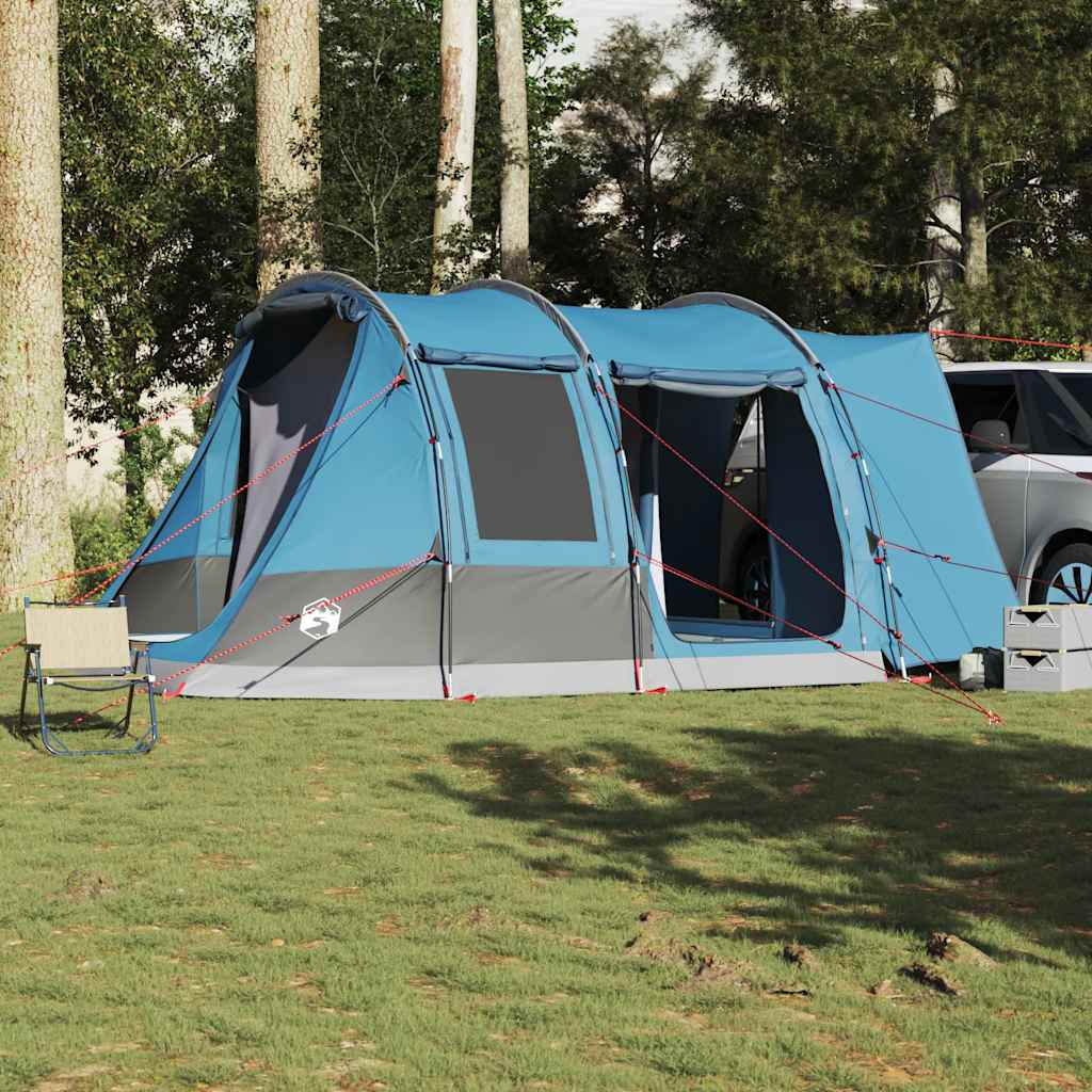 Detail van de vidaXL 2-persoons autotent in blauw, met stevige stokken en spanbanden.