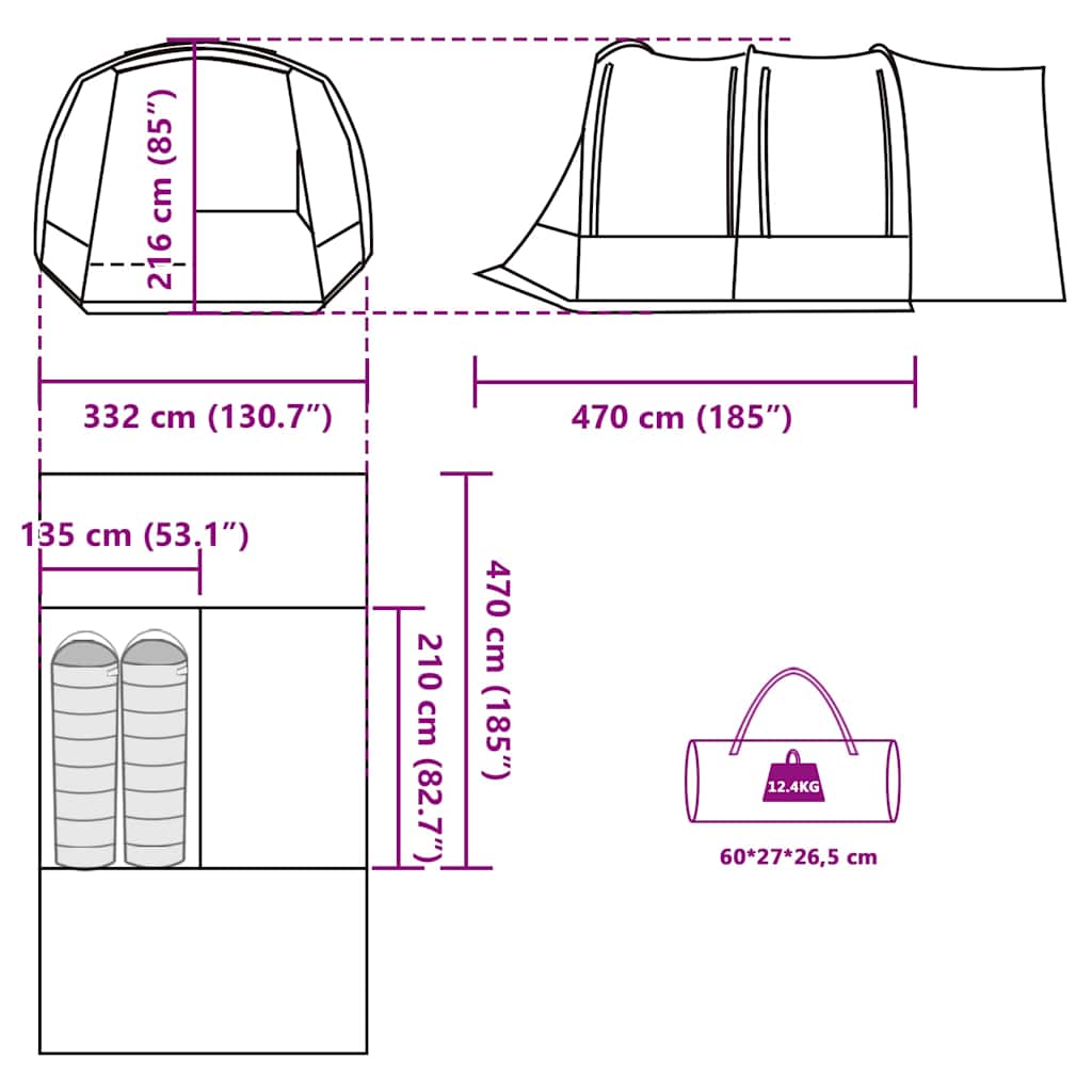 Detailtekening van de vidaXL 2-persoons autotent met afmetingen en ontwerpdetails.