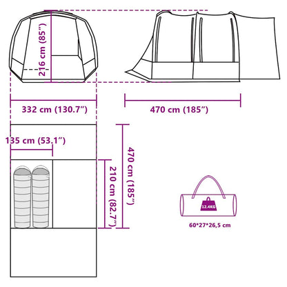 Detailtekening van de vidaXL 2-persoons autotent met afmetingen en ontwerpdetails.