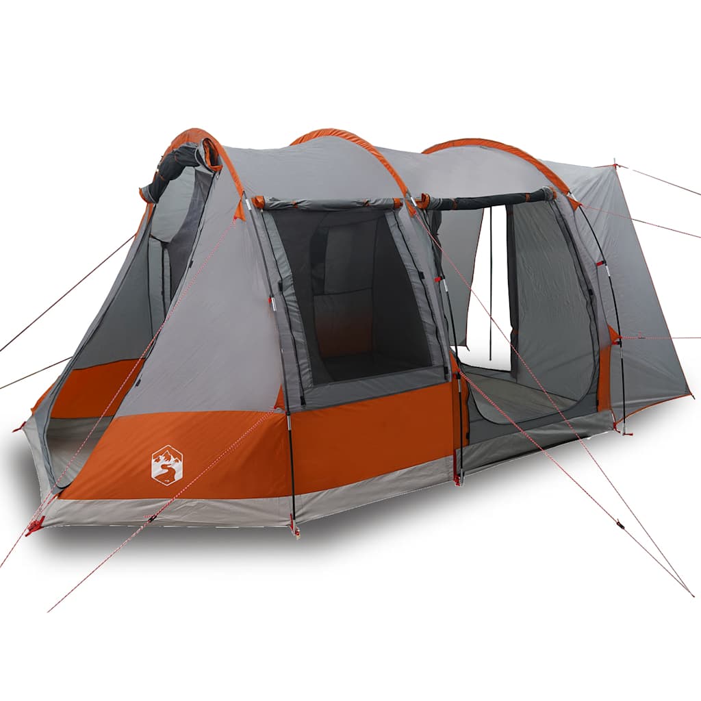 Detail van de vidaXL autotent in grijs en oranje met open ingangen en stevige stokken.