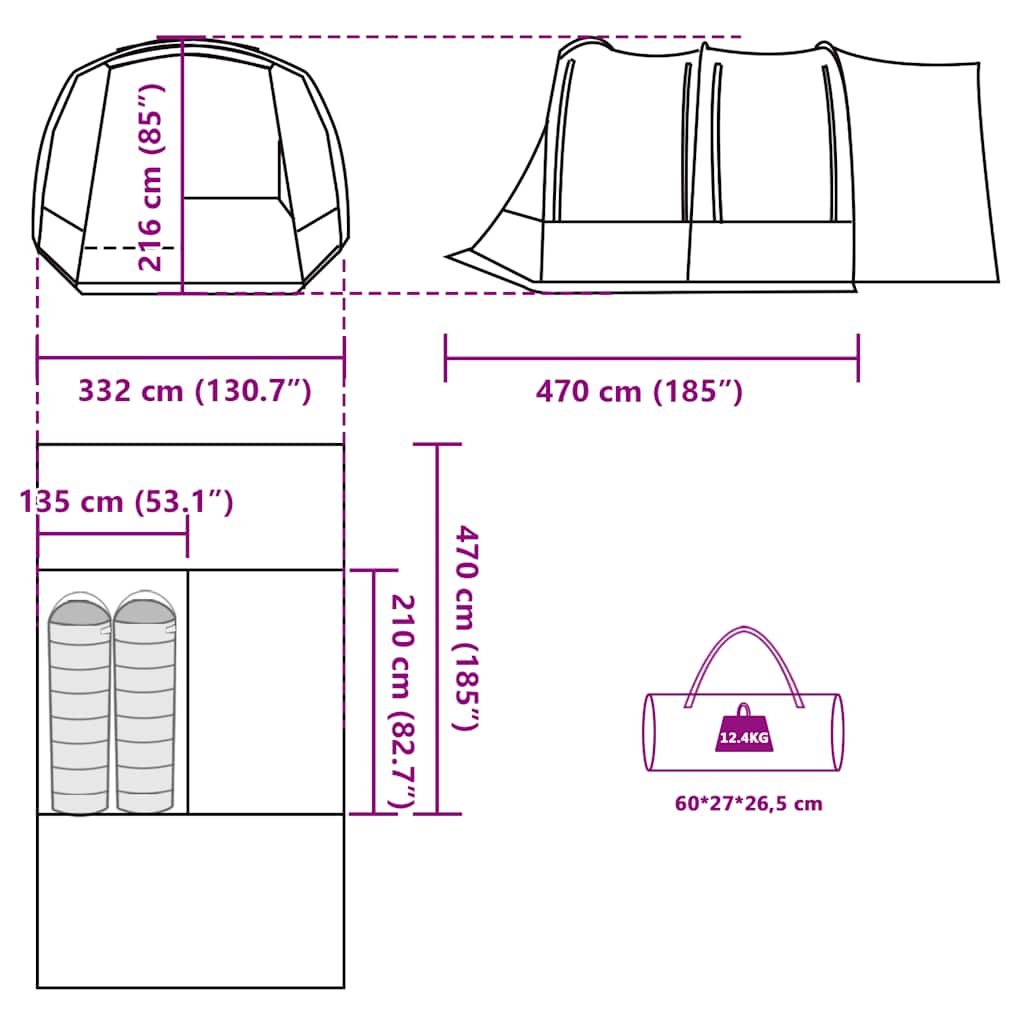 Technische tekening van de vidaXL 2-persoons autotent met afmetingen en details.