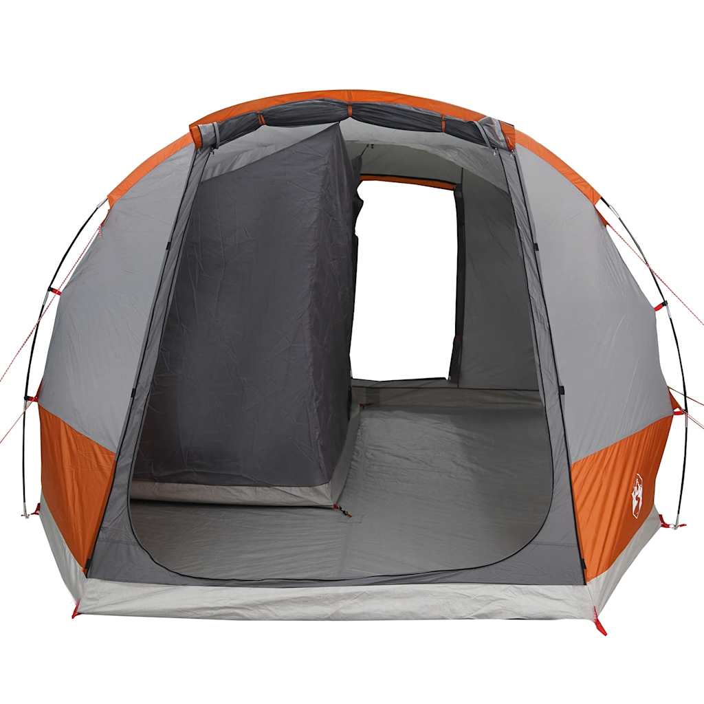 Detail van de grijs-oranje vidaXL autotent met open ingang en binnenruimte.