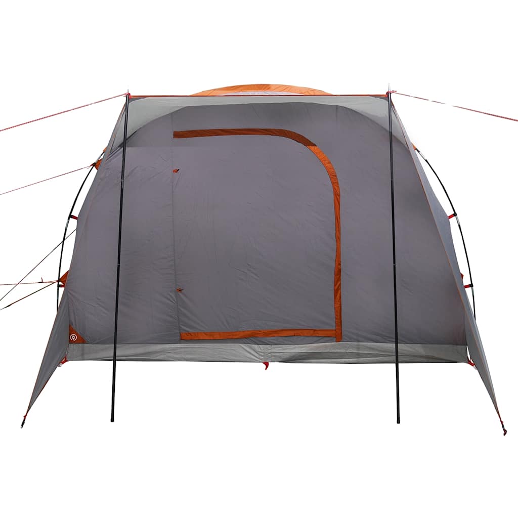 Zijaanzicht van de vidaXL 2-persoons autotent in grijs met oranje details.