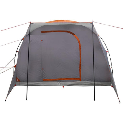 Zijaanzicht van de vidaXL 2-persoons autotent in grijs met oranje details.