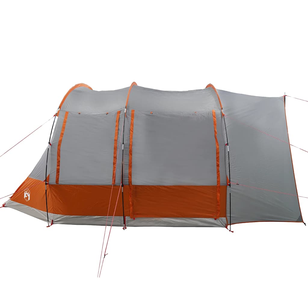 Zijaanzicht van de vidaXL 2-persoons autotent in grijs met oranje details.