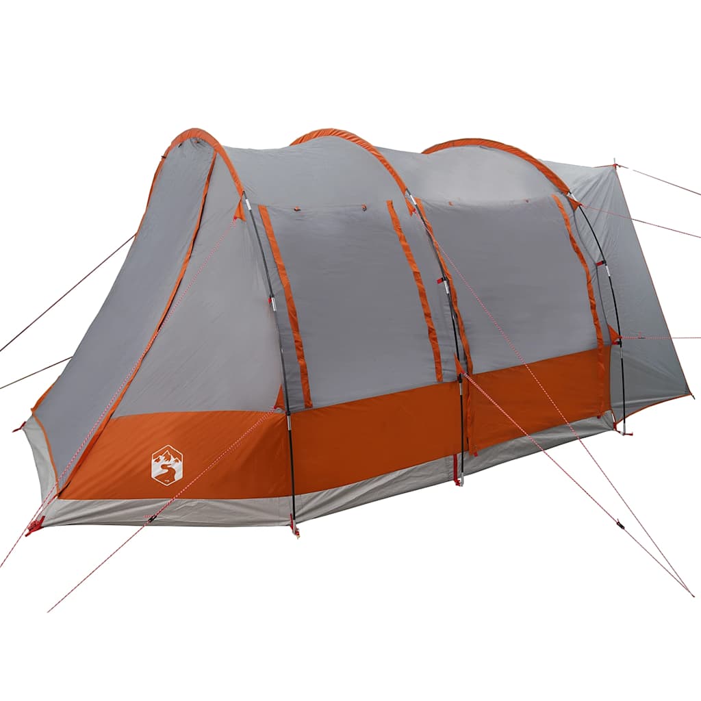 Detail van de vidaXL autotent in grijs en oranje, zijaanzicht met stevige stokken en spanbanden.