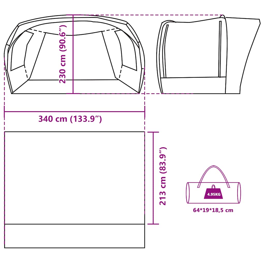 Detailweergave van de afmetingen van de vidaXL waterdichte partytent in groen.