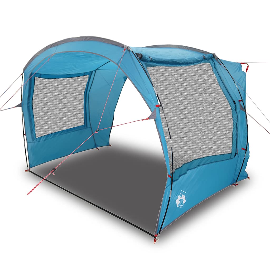 Detail van de vidaXL autotent in blauw met gaasramen en stevige stokken.