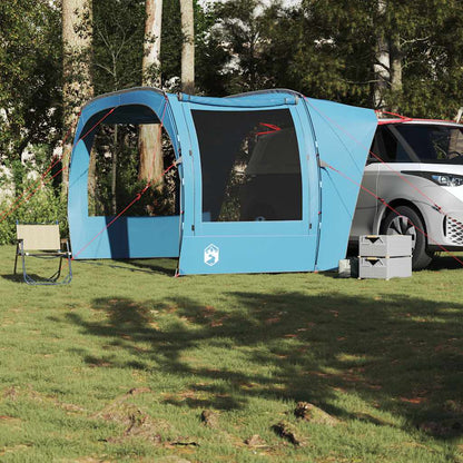 Zijaanzicht van de blauwe vidaXL autotent met open zijwand en campingstoeltje.