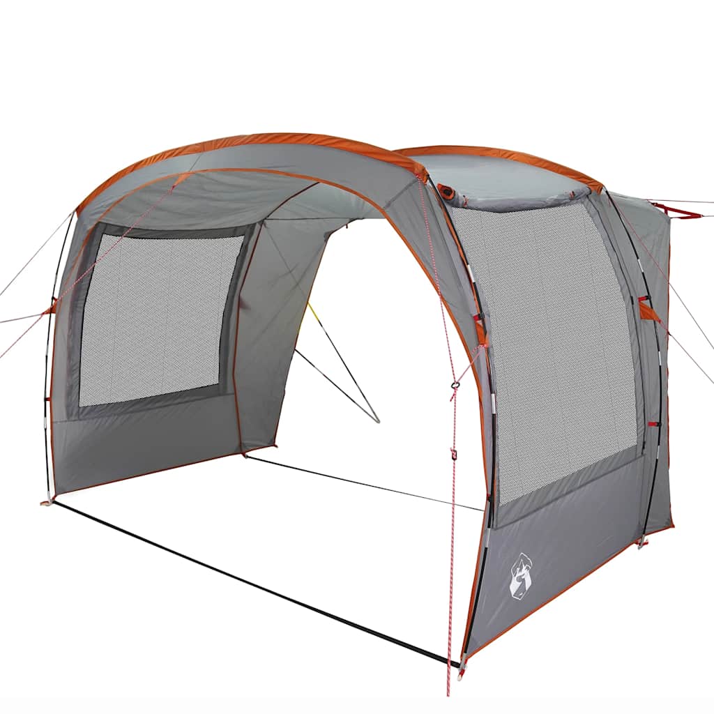 Detail van de grijze en oranje vidaXL autotent met open zijwanden.