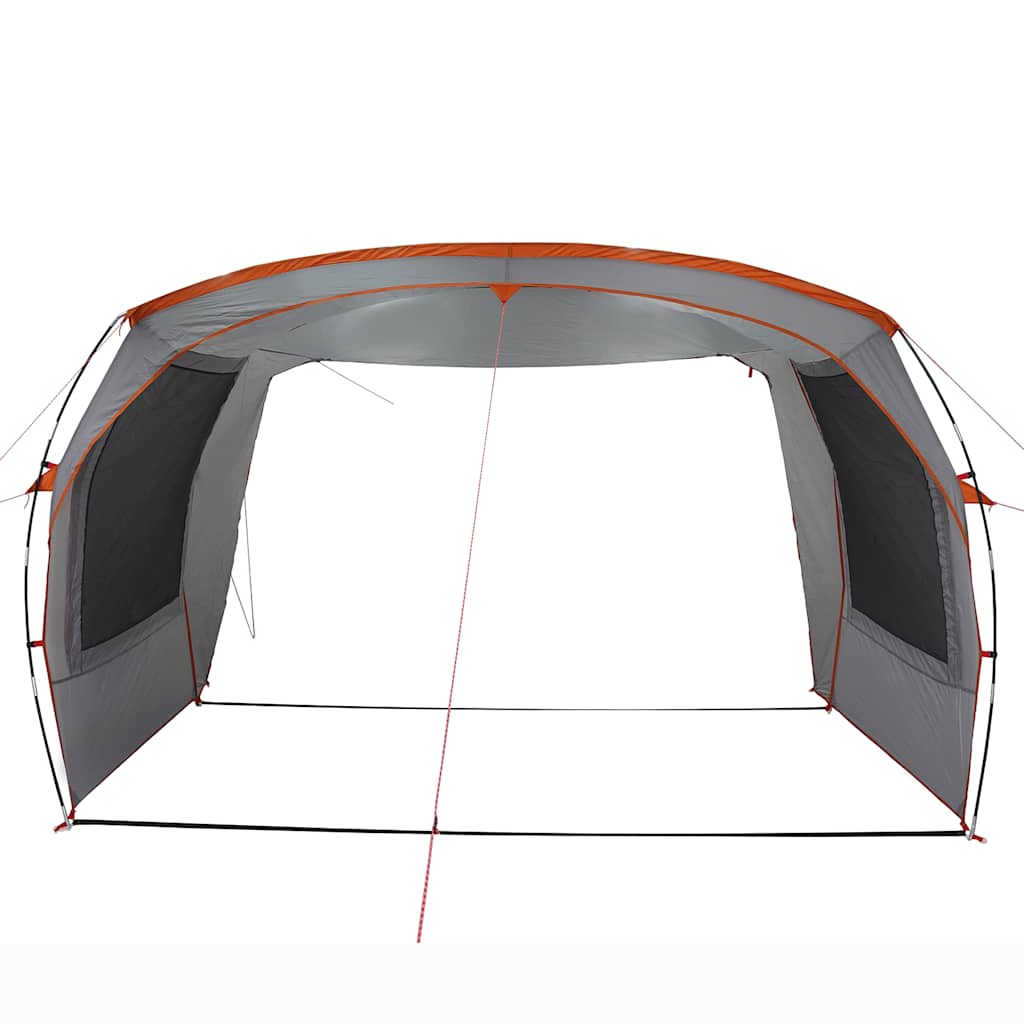 Zijaanzicht van de vidaXL waterdichte autotent in grijs en oranje, met openingen voor ventilatie.
