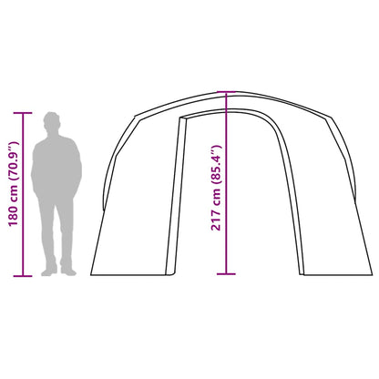 Detailweergave van de vidaXL autotent met afmetingen en silhouet van een persoon.