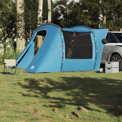 Zijaanzicht van de blauwe vidaXL autotent met open ingangen en een comfortabele opstelling.