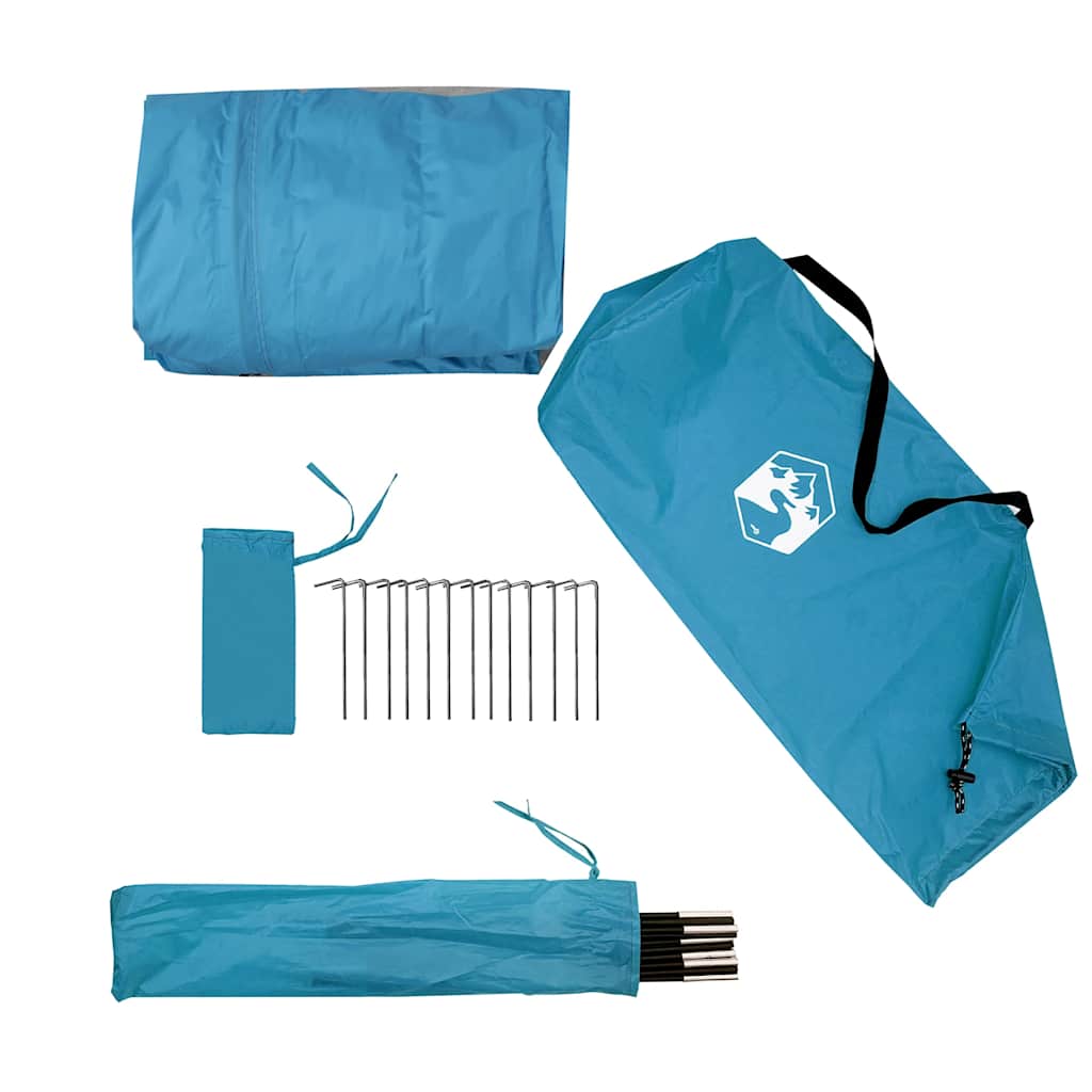 Detail van de vidaXL autotent in blauw met stokken, haringen en opbergtas.