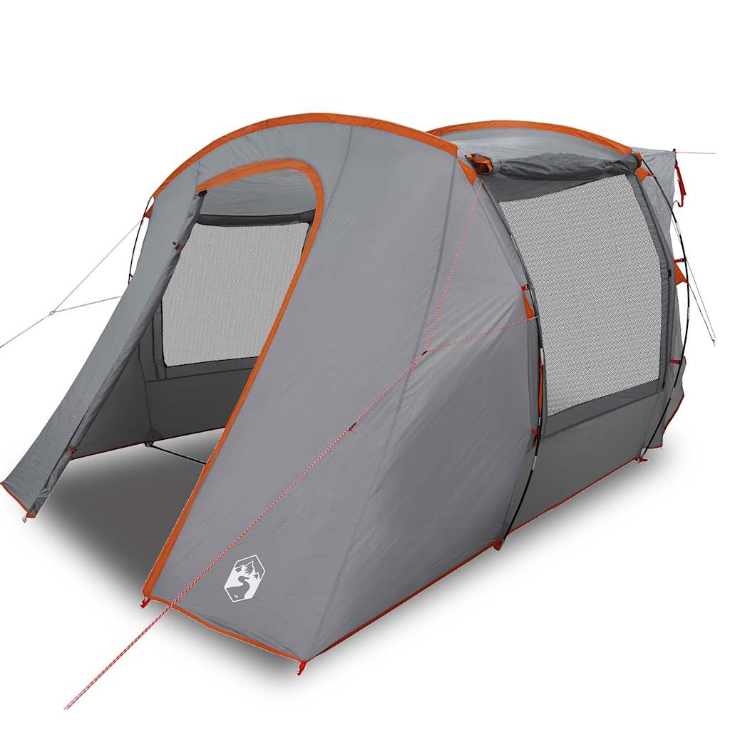 Detail van de vidaXL autotent in grijs en oranje, met open ingang en ventilatieroosters.