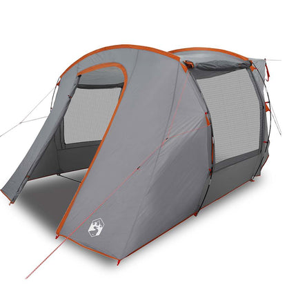 Detail van de vidaXL autotent in grijs en oranje, met open ingang en ventilatieroosters.