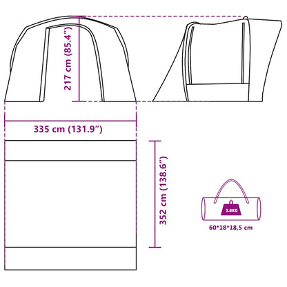 Detailweergave van de afmetingen en draagtas van de vidaXL waterdichte autotent in grijs en oranje.
