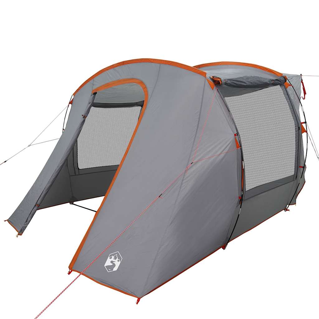 Detail van de vidaXL autotent in grijs en oranje met open ingang en ventilatieroosters.